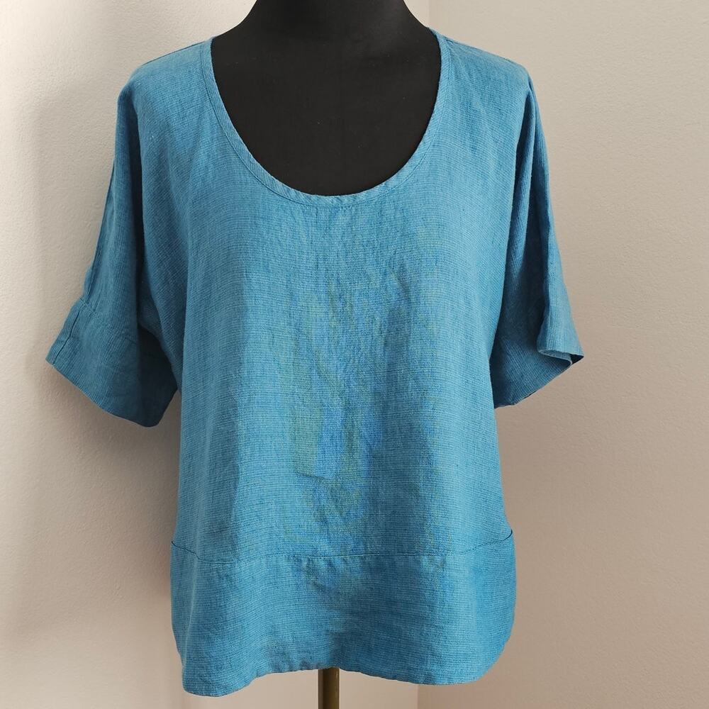 EUC FLAX Women's Short Sleeves Aqua Blue 100% Linen Top P S 4 - 6